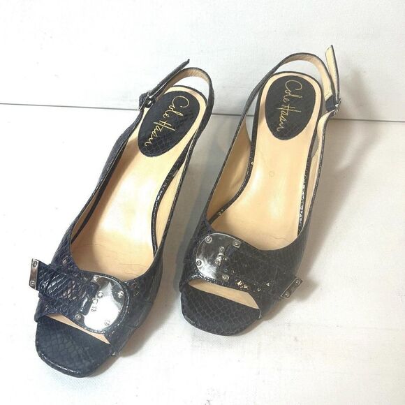 Cole Haan Women 7B Purple Snake Skin Print Leather Sling Back Heel Peep Toe Shoe - Picture 3 of 12